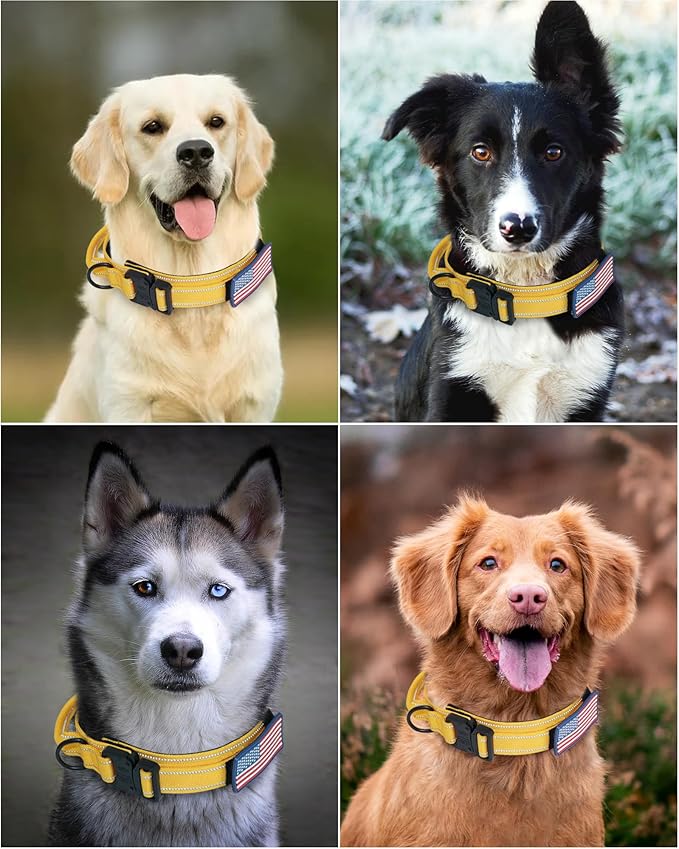 AUBELL Reflective Tactical Dog Collar,Adjustable Military Heavy Duty K9 Collars with Handle and Quick Release Metal Buckle Great for Extra Large Dogs, with Airtag Case and 2 Patches (Yellow,XL)