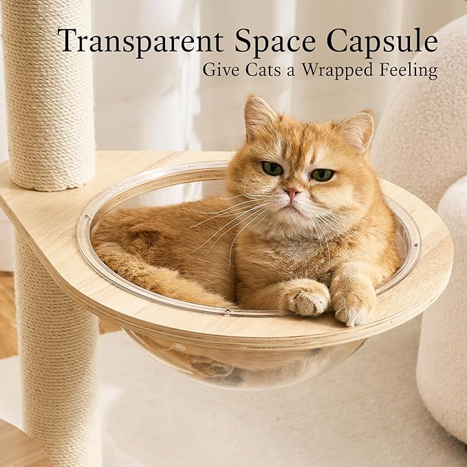 797Audio Wood Modern Cat Tree, 48" Cat Tower with Sisal Scratching Posts, Cat Condo, Capsule and Bed, Solid Wooden Aesthetic Multi-Level Cat Climbing Tree for Large Adult Indoor Maine Coon Cats-White