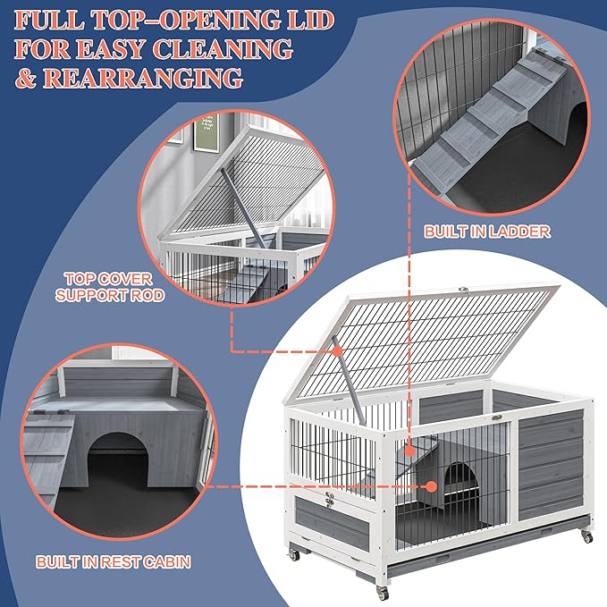 Rabbit Hutch Indoor/Outdoor with Wheels, 2 Story Wooden Bunny Cage Leak-Proof Trays & Easy Feed Support Rod, Large Guinea Pig House with Ramp, Pet Habitat for Small Animals (Light Grey)
