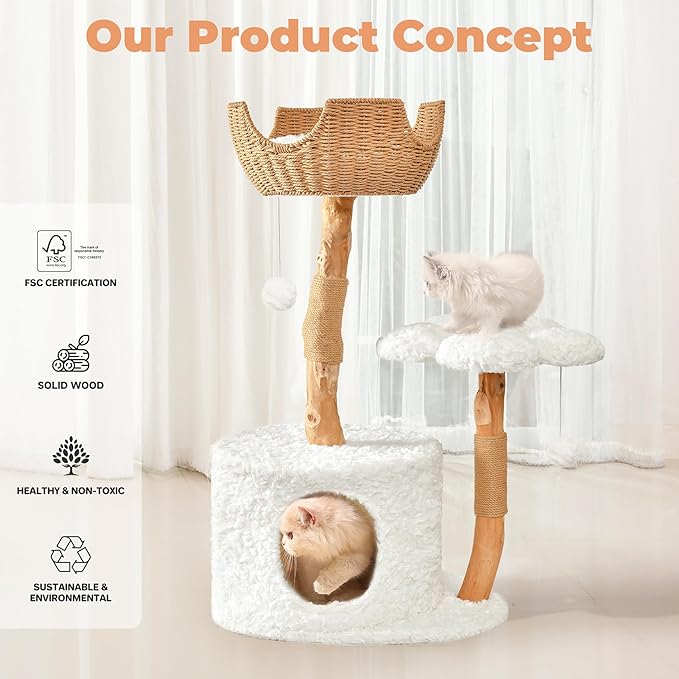 Easyego Modern Cat Tree, 39.9" Aesthetic Wood Cat Tree Tower for Large Cats, Luxury Cat Condo with Scratching Posts and Flower Platforms, Cat Furniture, White