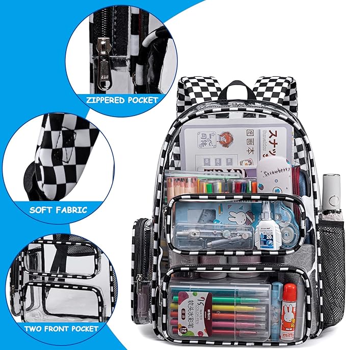 CAMTOP Clear Backpack Heavy Duty Transparent Bag See Through BookBag for Student School Work Festival Sport Travel (Check)