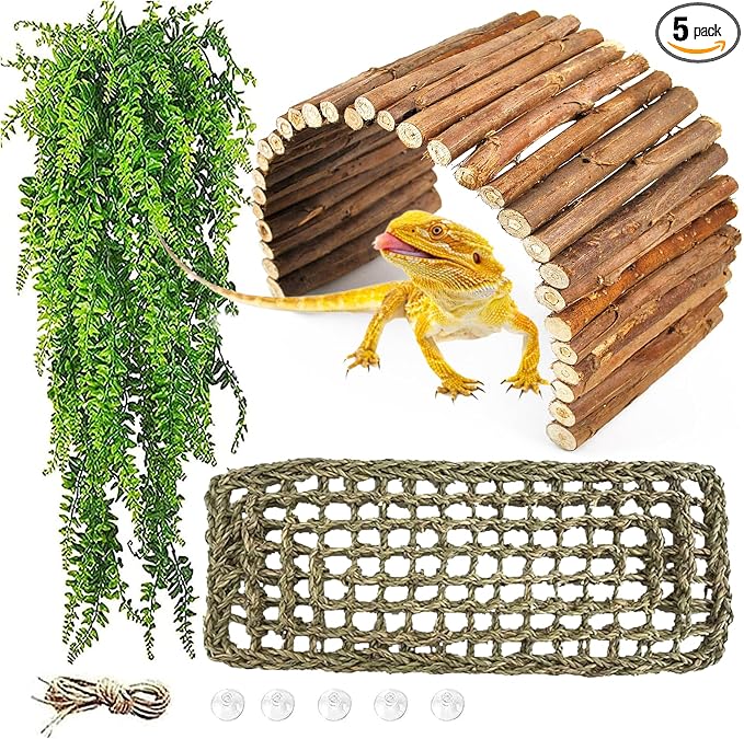 kathson Reptile Wooden Bridge,Bearded Dragon Hammock Decor Wood Reptile Hideout Hut Terrarium Hanging Plants Climbing Accessories Reptiles Hide Caves for Snake Gecko Lizard Tortoise (3 Pcs)