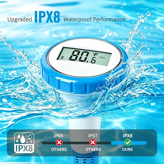 Pool Thermometer Floating Easy Read, Waterproof Wireless Digital Pool Thermometer with Large Screens, IPX8 Waterproof High Precision Temperature Gauge for Swimming Poo, Hot Tub, Spa, Pond, Fish Tank