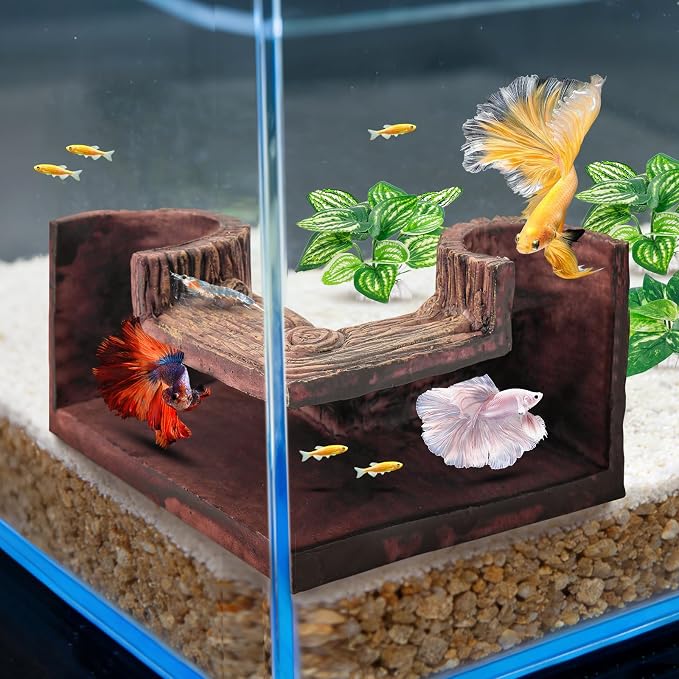 CousDUoBe Aquarium Cave | 90° Corner Fish Cave Viewing Tunnels Silk Aquarium Plants，Betta Fish Tank Accessories BPA-Free Premium Resin,Fish Tank Cave for Corners (5.3” x 2.7” x 2”)