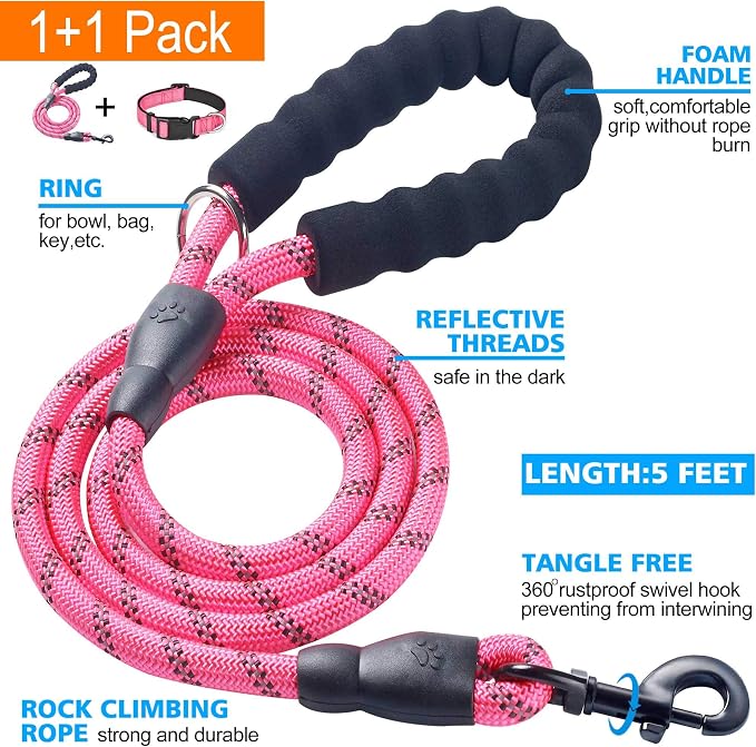 Ladoogo Reflective Dog Collar Padded with Soft Neoprene Breathable Adjustable Nylon Dog Collars for Small Medium Large Dogs (Large (Pack of 1), Pink Collar+Leash)