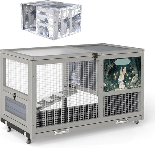 COZIWOW 36.5-Inch Double-Decker Wooden Insulated Rabbit Hutch with Wheels, Heated Rabbit Cage Featuring A Cleaning Tray and Ladder—Stylish&Easy to Assemble（Grey and Warm）