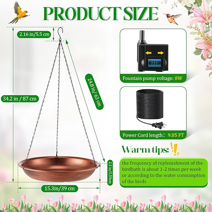 24.8 Extra Large Hanging Bird Bath with 8W Fountain Pump, 14" Copper Metal Bird Bath Bowl with Adjustable 3 Water Flow Modes and 2 Spray Nozzles, Birdbath Feeder for Outdoor Garden Backyard Patio Lawn