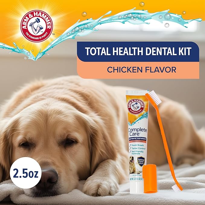 Arm & Hammer Complete Care Dog Dental Kit with Enzymatic Dog Toothpaste, Toothbrush and Finger Brush, Baking Soda and Calcium Formula for Plaque Tartar Control, Chicken Flavor, 2.5 Oz