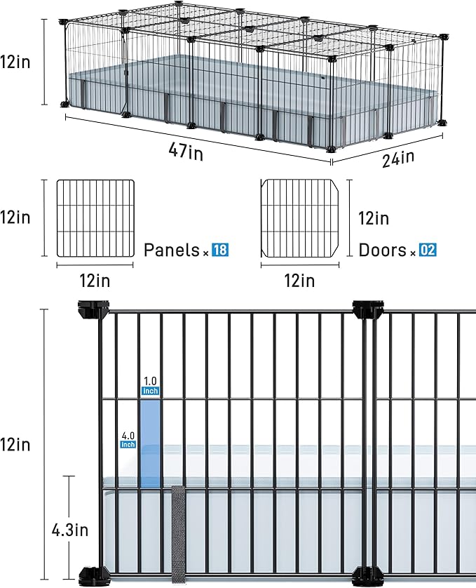BUCATSTATE Guinea Pig Cages with Floor Mat, 20 Panels Guinea Pigs Playpen with Top Cover, Metal Rabbit Cage Indoor for Hedgehogs, Quail, Chickens (47" L x 24" W x 12" H)