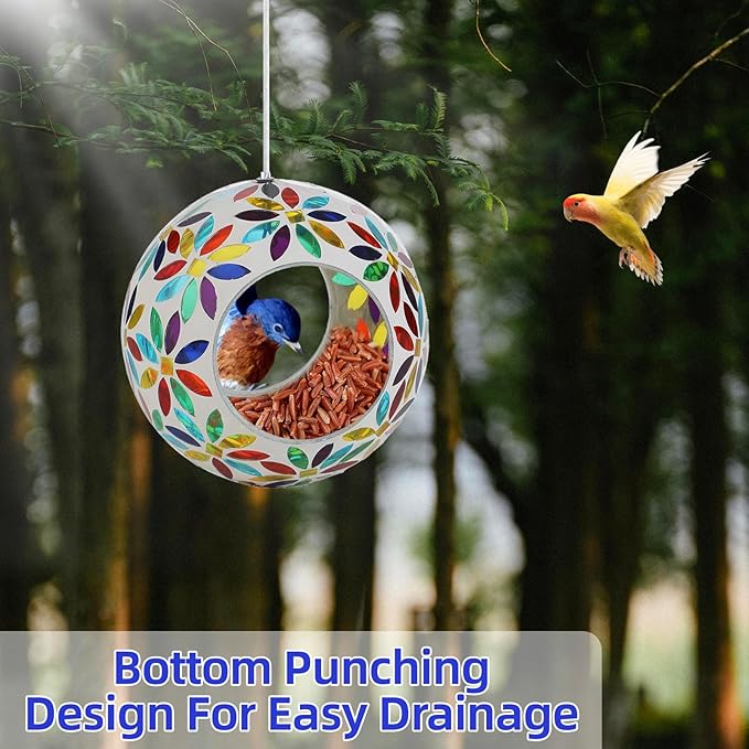 VOREEN Mosaic Glass Bird Feeder, Handcrafted Hanging Fly-Through Feeder for Outdoor Garden & Backyard, Decorative Wild Bird Feeder with Steel Wire Cable, Mosaic Colorful Flowers