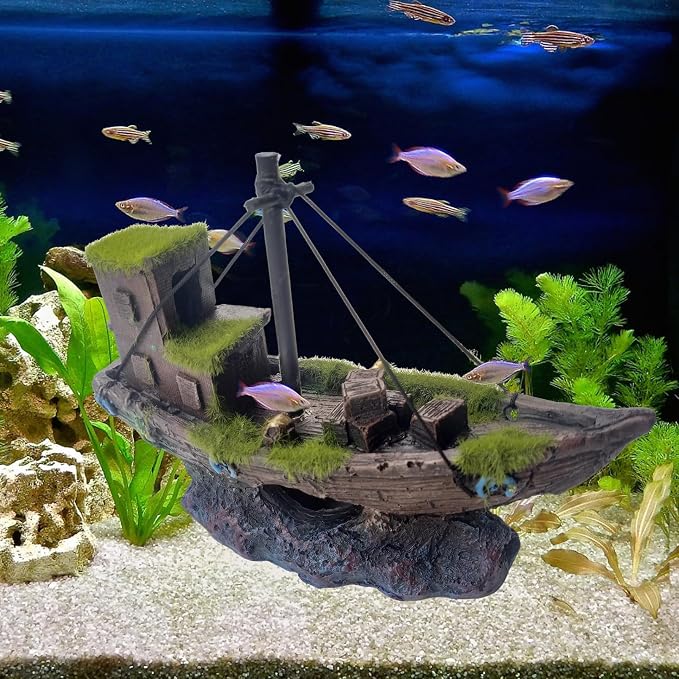 kathson Betta Fish Tank Shipwreck,Aquarium Sunken Ship Decorations Resin Sunken Boat with Cave Hideouts Fish Tank Shipwrecks Decor Saltwater Freshwater Aquarium Ornaments for Hiding Accessories