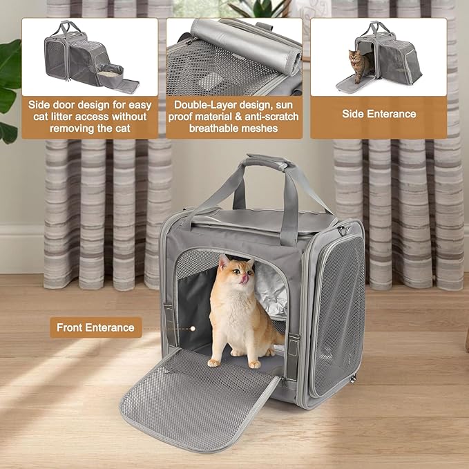 Expandable Cat Carrier with Portable Litter Box, Soft-Sided Pet Travel Carrier for Large Cats up to 20 lbs, Foldable Car Seat Crate for Long Distance Road Trips, Light Gray