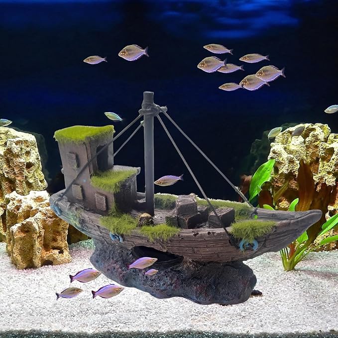 kathson Betta Fish Tank Shipwreck,Aquarium Sunken Ship Decorations Resin Sunken Boat with Cave Hideouts Fish Tank Shipwrecks Decor Saltwater Freshwater Aquarium Ornaments for Hiding Accessories
