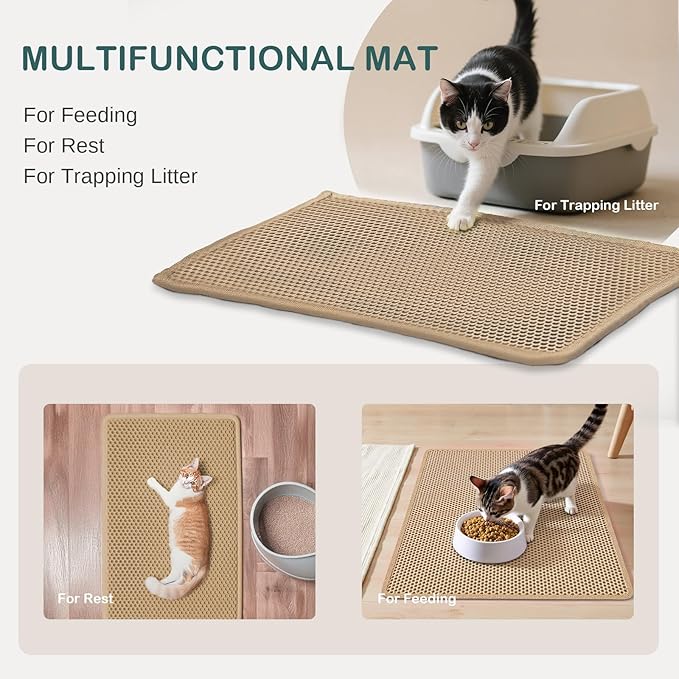 24''x 14.9''Inch Cat Litter Trapping Mat, Double Layer Waterproof Proof Litter Box mat, Non-Slip Design, Reduces Litter Scatter, Easy to Clean, Beige Cat Litter Mat