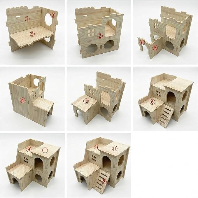 Multi-Chamber Hamster Hideout & House, Natural Wood Small Animal Cage Accessories for Dwarf Hamsters, Gerbils and Mice – Ventilated Design with Structure (Model 1)