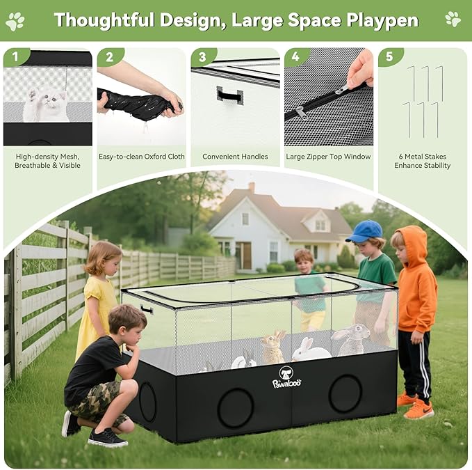 Pawaboo Small Animal Playpen, Foldable Pet Playpen Cage Tent for Puppy Kitten Guinea Pig Rabbit Chicken Hamster Indoor Outdoor Use, Pet Fence with Breathable Mesh Wall and Bottom, Black