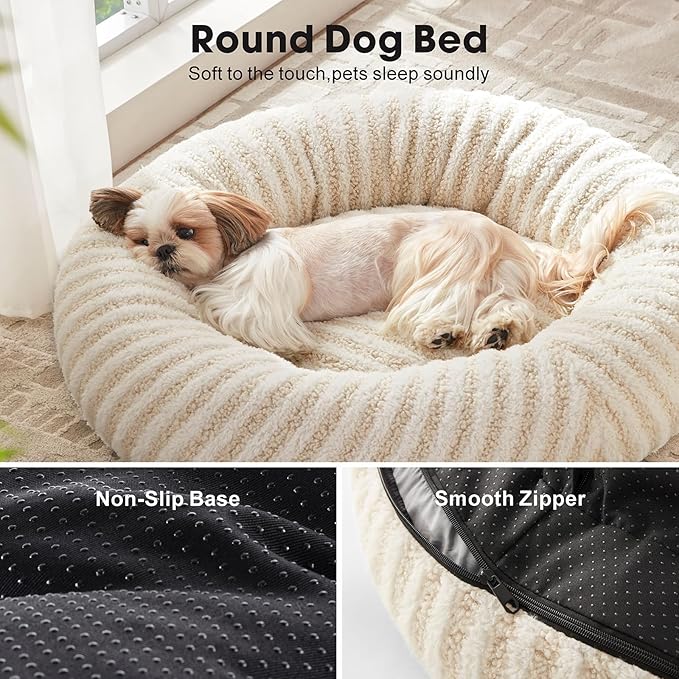 MIXJOY Dog Bed Medium Size Dogs, Washable Medium Dogs Bed with Removable Cover, Cozy Donut Dog Ded Fluffy Plush Faux Fur Pet Bed with Anti-Slip Bottom, 30"x30"x8", White