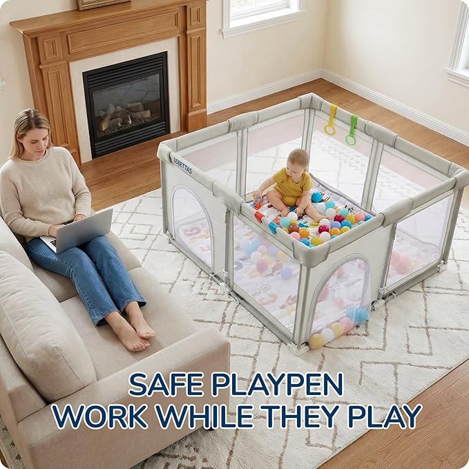 Foldable Baby Playpen, 1-Minute Setup, Lightweight Portable Playpen with Carry Bag, 50"x50" Indoor Outdoor Safty Play Yard for Babies & Toddlers, Beige