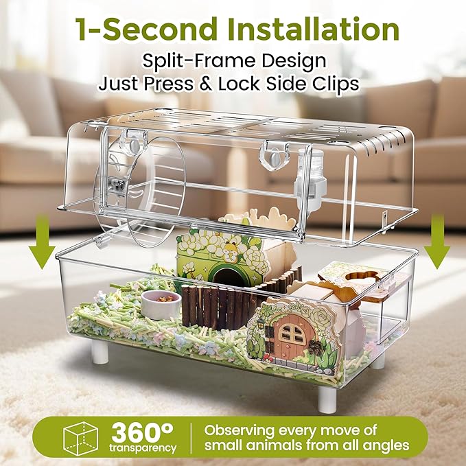Acrylic Hamster Cage with All Accessories,Dwarf Hamster Cage with Stand,Syrian Mouse Cage for pet mice,Rat Cage for Hamster,Succulent Style Hamster House（20''L*11.5''W*10.5''H）