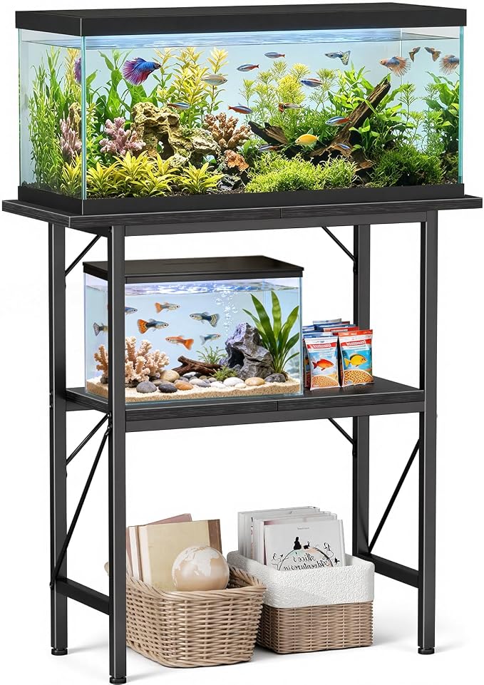 10-30 Gallon Fish Tank Stand with Storage Shelves, 2-Tier Aquarium Stand with Metal Frame, Heavy Duty Reptile Turtle Tank Stand for Home Office, 30" L x 11.8" W x 30.5" H, Black