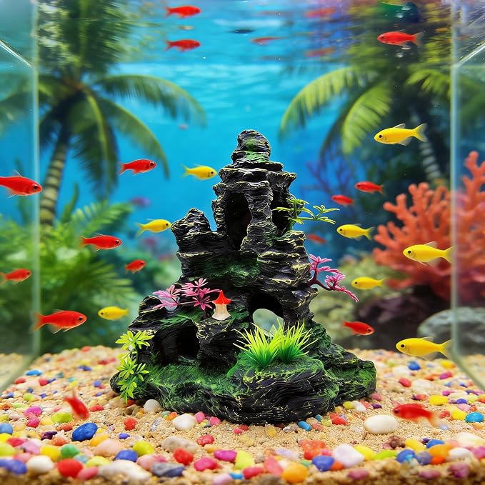 Large Aquarium Decoration Resin Fake Rock Mountain Ornament Landscape Castle Decoration Fighting Fish Reptiles Turtles Hiding Cave Fish Tank Ornaments Accessories - Height 10.7 inches (Purple)