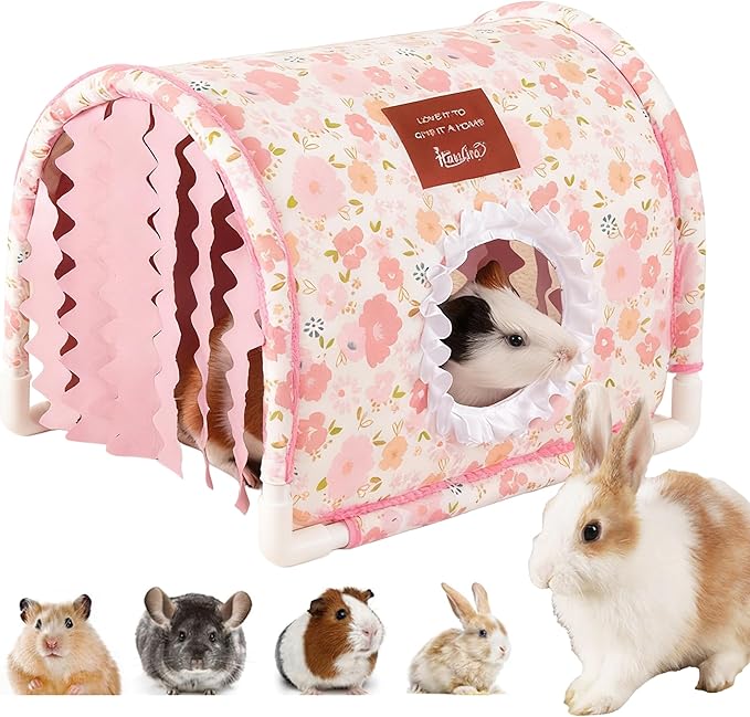 Guinea Pig Hideout Tunnel - Stable Washable Small Animal Tunnel Hide with Curtains,Guinea Pig Accessories for Hamster/Chinchilla/Dwarf Rabbit/Ferret (Pink, Large)