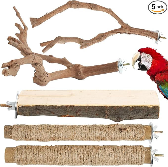 Bird Perch Stand, Pole Standing Natural Wood Bird Perch Set 5PCS Paw Grinding Fork Parrot Cage Branch with Rope for Macaw African Grey Amazon Pet Medium Birds Cage Accessories