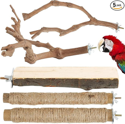 Bird Perch Stand, Pole Standing Natural Wood Bird Perch Set 5PCS Paw Grinding Fork Parrot Cage Branch with Rope for Macaw African Grey Amazon Pet Medium Birds Cage Accessories
