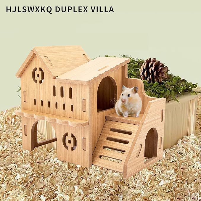 Natural Wood Hamster Habitat Hideout Cage Accessories, Maze Cabin with Fun Slide & Double-Decker House, Exercise Toys for Dwarf Hamsters, Gerbils, Mice, Other Small Animals(Only for Small Hamster B)