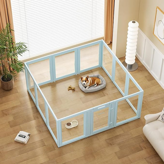 Clear Acrylic Dog Playpen with Door - 24 Inch Tall Puppy Playpen - Easy Assemble Pet Fence - 12 Panel Indoor Dog Play Pen for Puppies/Small (24 Inch High, 12 Panel)