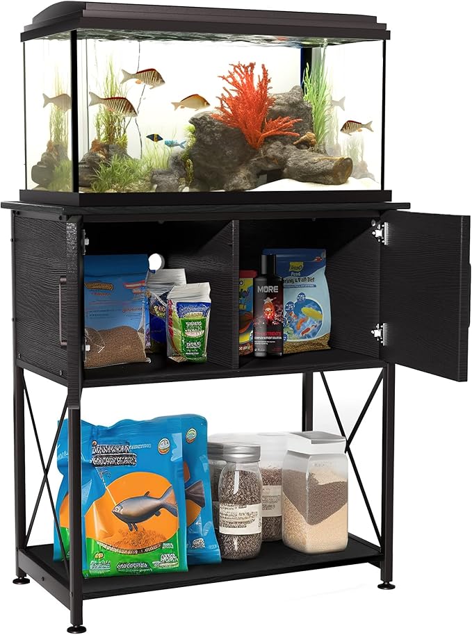 Herture 20-29 Gallon Aquarium Stand Metal Frame Fish Tank Stand with Cabinet Storage, for 20 Gallon Long Aquarium,30.7" L*16.5" W Tabletop,330LBS Capacity Black PG01YGB