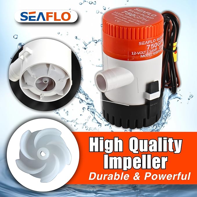 SEAFLO 01 Series 750 GPH Bilge Pump – 12V, 3/4" Outlet, Marine Submersible Pump with Anti-Airlock Protection, CE & Rohs Certified, 4-Year Warranty | Reliable for Boats and Marine Applications
