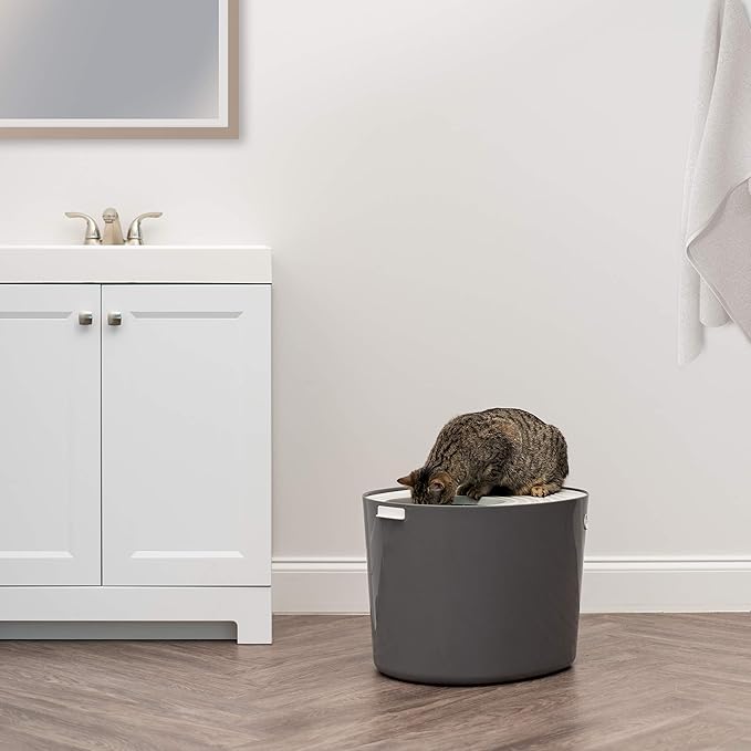 IRIS USA Cat Litter Box Large Top Entry with Lid Enclosed Covered Hooded Design Litter Catching Scatter Shield Pan Dog Proof Pet Proof Scoop Included Odor Control for Cats Kittens Dark Gray/White