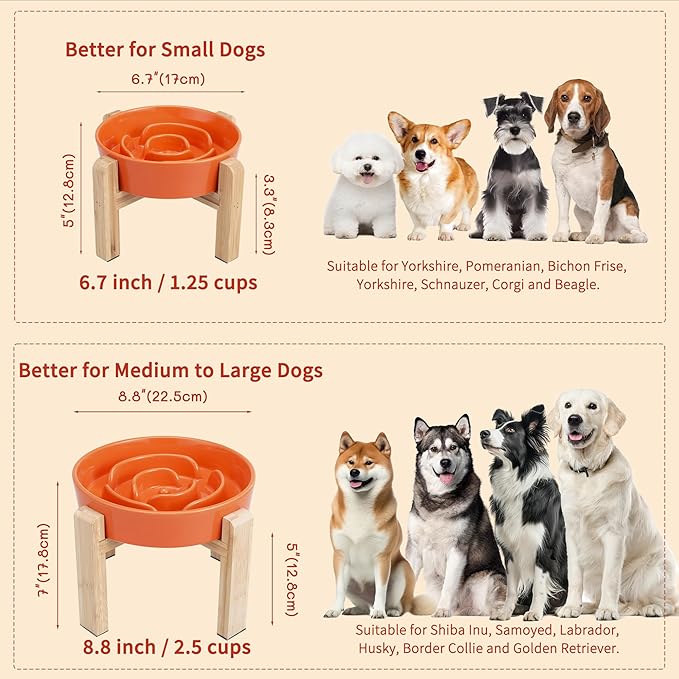 Elevated Slow Feeder Dog Bowl Large Breed, 8.8 Inch Ceramic Slow Eating Bowl with Bamboo Stand, Anti-Choking Raised Maze Design for Medium to Large Dogs, 3.2 Cup, Orange