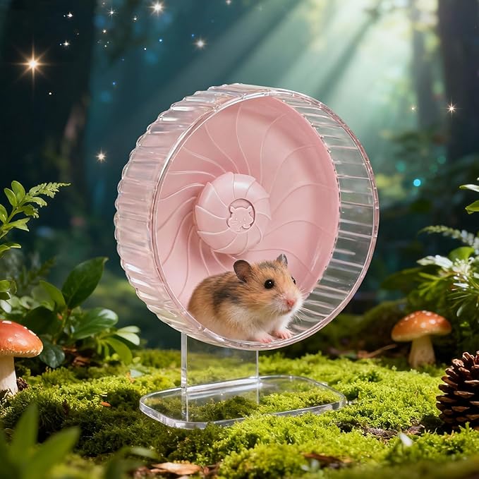 Silent Hamster Wheel, 10in Hamster Wheel with Adjustable Stand, Double-Bearing Quiet Spinner for Syrian Hamsters, Hedgehogs, Mice & Small Pets, Pink