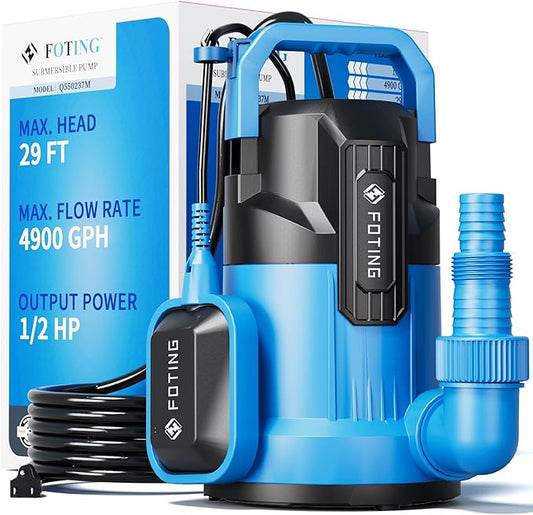 FOTING 1/2HP Sump Pump, 4900GPH High Flow Clean&Dirty Submersible Water Pump with Float Switch, Thermoplastic Electric Portable Utility Pump for Pool Draining Hot Tub Garden Basement
