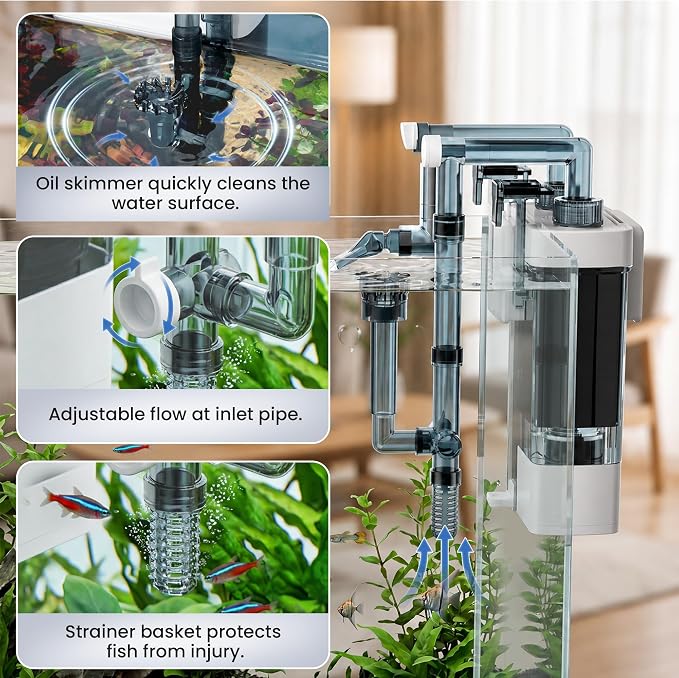 Hang on Back Aquarium Filter for Fish Tanks, Large (7w, 10–20 gal) | 132 GPH, Adjustable Flow Fish Tank Filter with Surface Skimmer, 3-Stage Filtration, Anti-Clog, Duckbill and Spray Nozzles