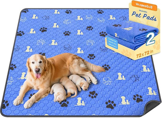 WanpeeGoo Washable Pee Pads for Dogs, 1 Pack Absorbent Reusable Training Dog Pads Pet Puppy Pads, Non-Slip Potty Pads for Whelping, Playpen, Crate, Bed, Blue, 72"x72"