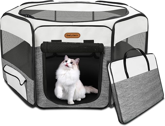 Seiyierr Dog Playpen, Portable Pet Playpen, Puppy Playpen, Cat Playpen with Carrying Case, Dog Playpen for Small Dogs Indoor/ Outdoor, Removable Mesh Shade Cover