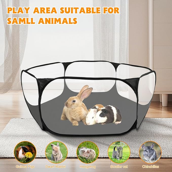 Rypet Guinea Pig Playpen - Breathable & Transparent Pet Playpen Pop Open Outdoor/Indoor Exercise Fence, Portable Yard Fence for Guinea Pig, Rabbits, Hamster, Chinchillas and Hedgehogs（Black）