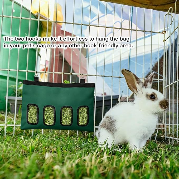 Rabbit Hay Feeder Bag, Large Capacity Rabbit Hay Bag Small Animal Hanging Hay Bag 600D Oxford Cloth Bunny Hay Feeder Bag for Rabbits Guinea Pigs Chinchillas (DarkGreen-4 Holes-1Pcs)