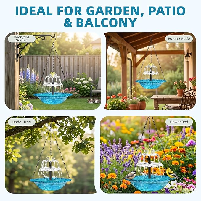 Solar Fountain for Bird Bath, Hanging Cascade Water Feature for Outdoor Garden & Yard Decor, Creates a Relaxing Flow that Attracts Birds (Blue(XL))