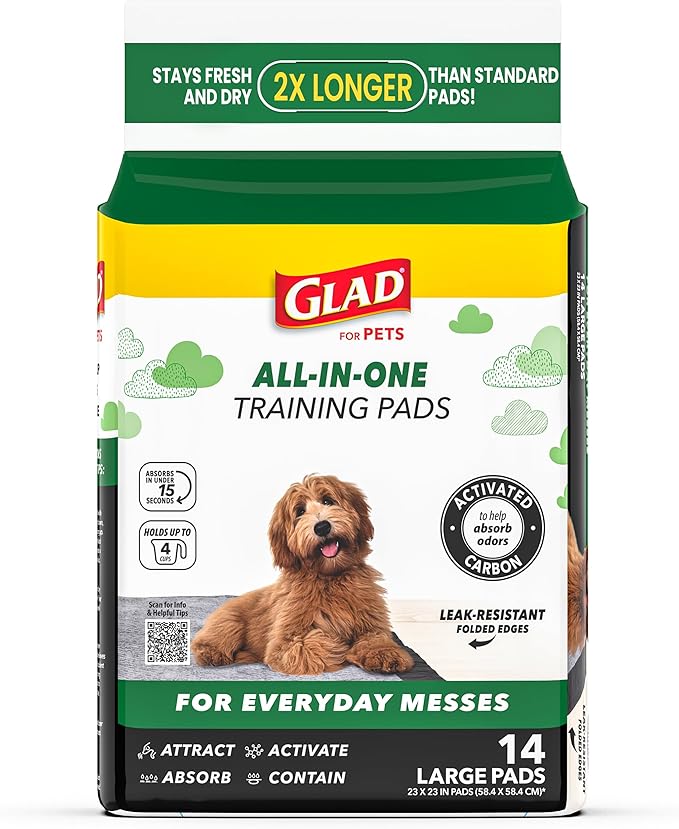 Glad for Pets Black Charcoal Puppy Pads, 23 x 23 Inch, 6-Layer Leak-Resistant Design, Activated Carbon Odor Control, Pheromone Attractant for Potty Training, 14 Count