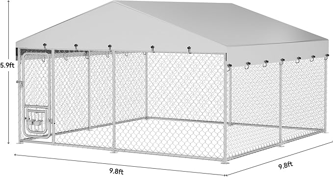 YITAHOME 10'x10' Outdoor Dog Kennel with Rotating Feeder Bowls, Outdoor Dog Enclosure with Roof, Heavy Duty Dog Cage for Large Dogs