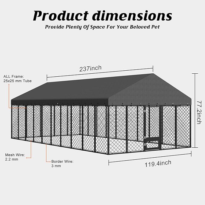 10x20FT Outdoor Dog Kennel with Roof, Extra Large Heavy Duty Metal Dog Enclosure for Multiple Dogs, Secure Playpen with Lockable Gate & Feeding Door, Weather-Resistant Fence Run