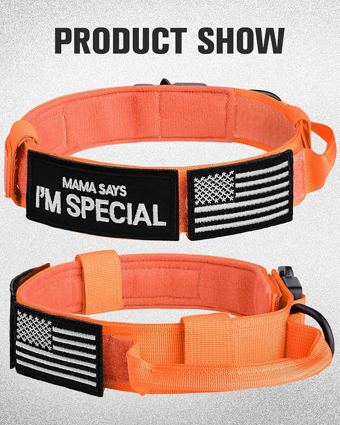 Joytale Tactical Dog Collar with Handle and Metal Buckle, Heavy Duty Padded Military Collar with 2 Patches for Training, Adjustable for Large Dogs, Orange, L