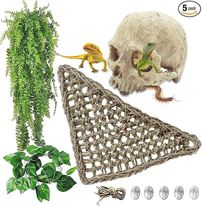 kathson Reptile Habitat Skull Decoration Bearded Dragon Tank Accessories Resin Human Skulls Hide Cave Hanging Vines Plant for Lizards Tortoise Snake Chameleon Spider Reptiles Amphibians(4 PCS)