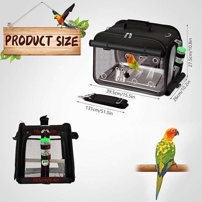 Bird Carrier Airline Approved, Bird Travel Cage with Indestructible Stainless Steel Mesh, Bird Travel Bag Lightweight and Portable with Water Bottle and Bowl