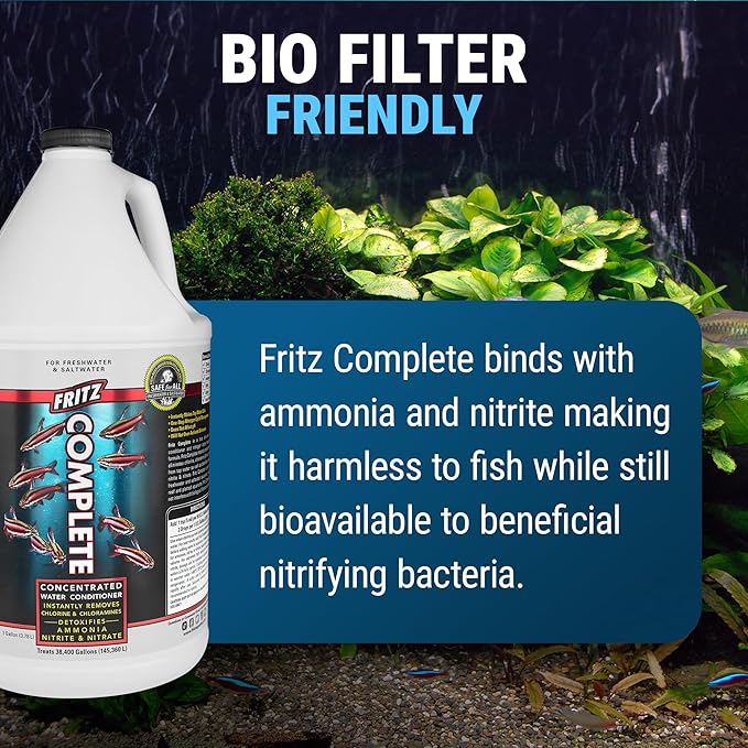 Fritz Complete – Concentrated Water Conditioner/Tap Water Dechlorinator, Instantly Detoxifies Chlorine, Chloramines, Heavy Metals, Ammonia, Nitrite/Nitrates, for Fresh and Saltwater (1 gal)