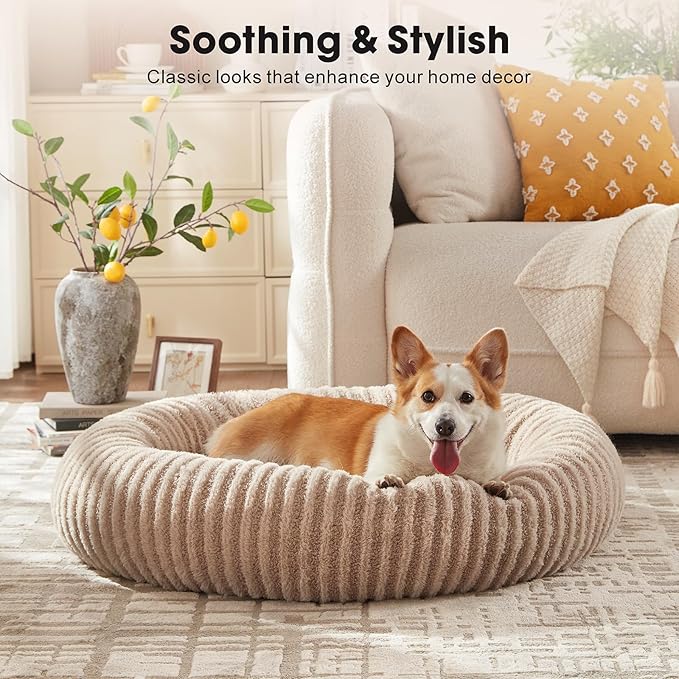 MIXJOY Dog Beds for Small Dogs Cats, Washable Small Dog Bed with Removable Cover, Donut Cat Bed for Indoor Cats, Calming Fluffy Round Pet Beds with Anti Slip Bottom, Cute Puppy Beds, 23"x23"x8", Beige